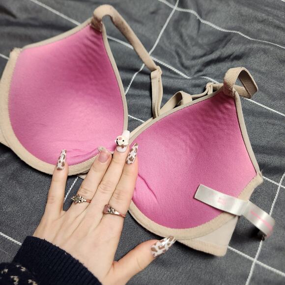 Victoria's Secret Bra 32C everywhere push up halter strap nude cream front snap - Picture 4 of 5